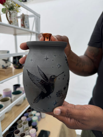 *Preorder* 50 oz. Black Hummingbird Lidded Vase